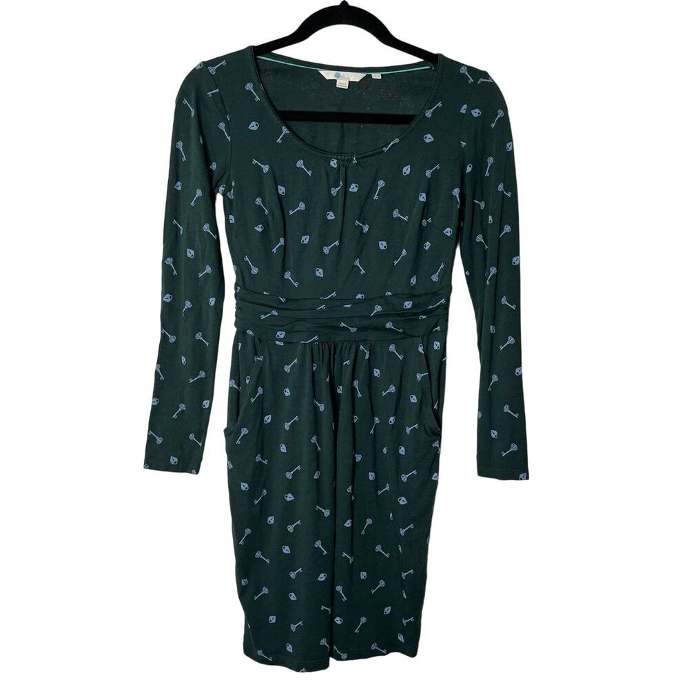 Boden Mabel Print Lock & Key Gathered Waist Long Sleeve Dress Green J0034 2P